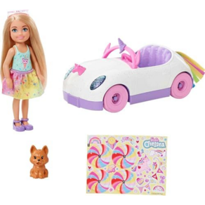 Barbie Chelsea Doll & Toy Car with Unicorn Theme Blonde Small Doll in Removable Skirt Pet Puppy S