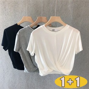 1+1 여성 데일리 모달 반팔 티셔츠 베이직 루즈핏 심플 시원한 크롭 반팔티