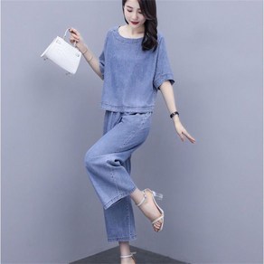 besteffie 여성 데님 여름 반팔 상하의 세트 캐주얼 넉넉한 통바지 세트 중년 여성 투피스 K51