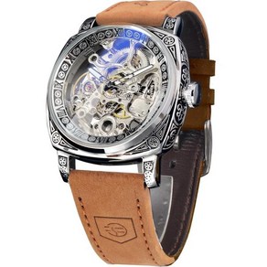 FORSINING 시계 fo Man Squae Reto Mechanical Watch Self-Wind Caved Skeleton Automatic 빈티지 가죽 스트랩 손