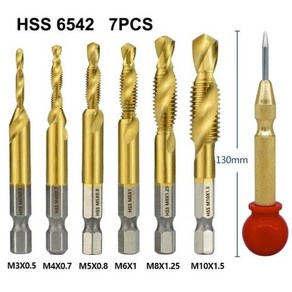 M3-M12 나사 탭 드릴 비트 티타늄 코팅 HSS 4341 6542 메트릭 1/4 생크 나선형 플루트 트레드 수공구, 13 7PCS 6542, 7개