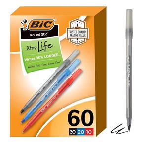 BIC Round Stic Xta Life 다양한 잉크 볼펜 미디엄 포인트 (1.0mm) 벌크 펜 60개 팩 편안한 글쓰기를 위한 유연한 라운드 배럴 1위 판매 볼펜