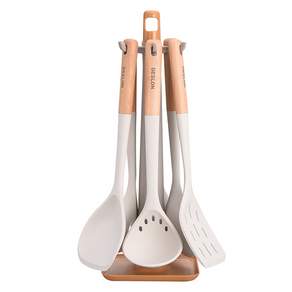 DESLON 실리콘 주방 조리도구 7종 세트 DFS-TZ820, 화이트 + 우드, 1개, 건더기 국자 + 면 국자 + 계란말이 주걱 + 국자 + 볶음 스푼 + 뒤집개 + 걸이