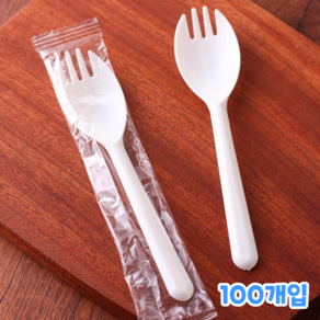 일회용 만능 롱 포크 숟가락 친환경 스푼 플라스틱 개별포장, 100개, 1세트