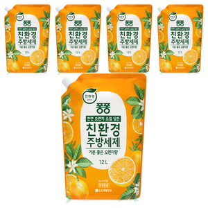 퐁퐁 천연 오렌지 오일 담은 친환경 주방세제 리필 기분 좋은 오렌지향, 1.2L, 5개