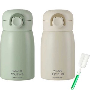 푸코 베어프렌드 원터치 보온병 2p + 세척솔 세트, 350ml, 그린, 베이지(보온병)