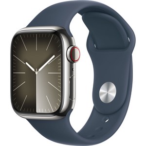 Apple 애플워치 9 GPS+Cellula, 41mm, 스테인리스, 실버 / 스톰 블루 스포츠 밴드, S/M