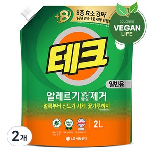 테크 진드기 알레르기 원인 제거 액체세제 일반 리필, 2L, 2개