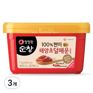 청정원순창 100% 현미 골드 태양초 덜매운 고추장, 1kg, 3개