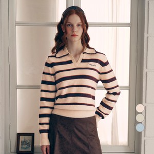 [장원영 착용] 로라로라 여성용 V NECK COLLAR STRIPE KNIT PULLOVER