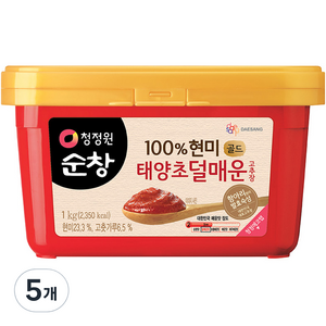 청정원순창 100% 현미 태양초 덜매운 고추장 골드, 1kg, 5개