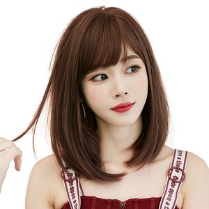 하이유니 풀 뱅 중단발 볼륨 매직 헤어 단발 통가발 가발 36cm + 가발망 + 거치대 세트, 커피브라운, 1세트