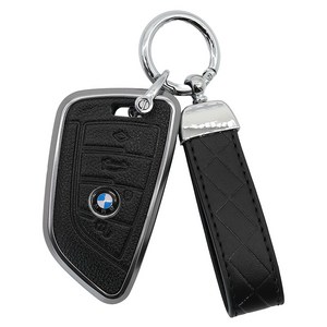 엠디글로벌 BMW 메탈 가죽 차 키케이스 + 가죽스트랩 A타입, 블랙