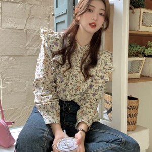 피어니스트 여성용 가든 플라워 프릴 블라우스