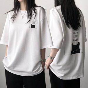 레이디스룸 국산 특양면 ~2XL 오버핏 고양이 프린팅 빅사이즈 박스 반팔 티셔츠