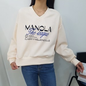 상상그이상 여성용 국내제작 컬러 레터링 포인트 시보리 브이넥 기모안감 부드러운 소재 베이직 겨울맨투맨 여성스러운 따뜻한 기모티셔츠