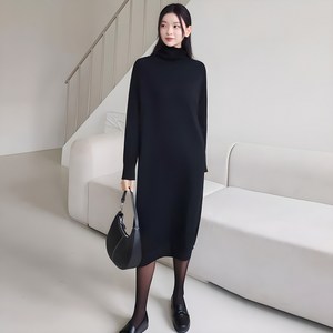 겨울 목폴라 롱 니트 원피스 터틀넥 루즈핏 긴팔 하이넥 H라인 [다미]