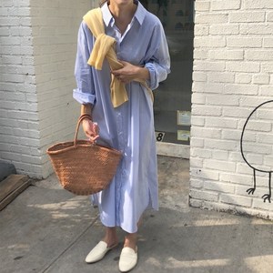 [에이진] 스트라이프 롱 셔츠 원피스 (2colos)