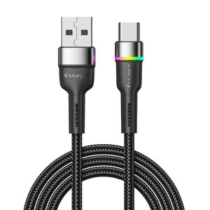 Essage USB C 케이블 3A 급속 충전 케이블LED, 블랙, 2m, 1개