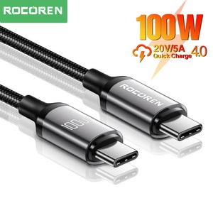 Rocoen-100W USB Type-C 데이터 케이블 Macbook Po 노트북과 호환되는 고속 충전 Samsung Xiaomi USBC 충전 케이블, 100cm, 1개