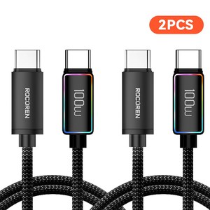 Rocoen LED PD 100W c to c 유형 초고속 충전 케이블 USB C 100W 알루미늄 합금 조명 디스플레이 케이블 데이터 전송, 2개, Black, 2000mm