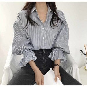 오버핏 리본소매 봄 스트라이프셔츠 7부소매 남방 세로라인 간절기
