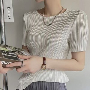 Vezi 여성용 봄 여름 25232654JIN565ABJDK플리츠 반팔 얇은 스판 라운드넥 펀칭 고급 우아한 티셔츠 {SKZ03574912HDNDODNFKDND}