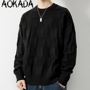 AOKADA 스웨터 남성 가을 겨울 체크 무늬 보온 상의 이너웨어 캐주얼 루즈핏 긴팔 니트 4색