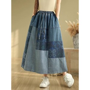 COSYEVNO 빈티지 데님 패치 워싱 스커트 프린트 플라워 허리밴딩 미디 치마