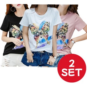 2SET 여성용 기본핏 나비 스팽글 반팔 라운드넥 티셔츠RCFFS697202