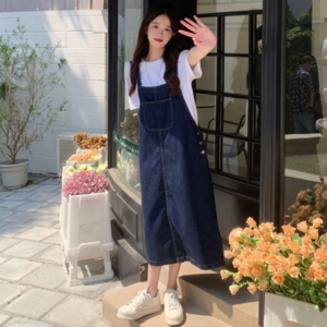 ANYOU 여성 원피스 슬림핏 데님 멜빵 원피스 미디 캐주얼 원피스