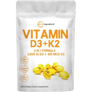 Mico Ingedients Vitamin D3 5000 IU Plus K2 １00 mcg 300 Soft-Gels  2 in 1 Fomula K2 MK-7 with D, 300정, 1개