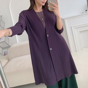 [다잇템] 여자 사이드슬릿 진보라 플리츠원단 롱가디건