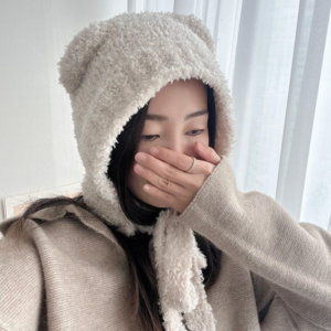 [모란코] 곰돌이 양털 뽀글이 털 후드 귀도리 방한 겨울 모자