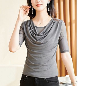 봄가을 여성용 망사 반팔 슬림 티셔츠 라인 댄스복 상의 Women's T-shirt