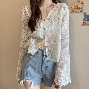 아이엠몽 여성 자수 뜨개질 레이스 펀칭 가디건 셔츠
