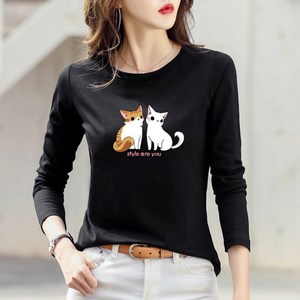 스타일아유 고양이 프린트패턴 긴팔 티 여성용 라운드 베이직 긴팔 티셔츠[AYG7TS0196]