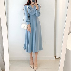 여성용 시폰 V넥 주름 긴팔 하객 원피스 One-piece dress D9311