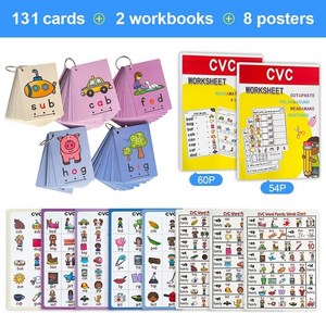 131 CVC Cards + 2 Workbooks +8 Posters 영어 카드 파닉스 단어 유아를 위한 병음 단어 영어 학습 카드 어린이를 위한 언어 차트와 책, Cards+workbooks+posters, 1개