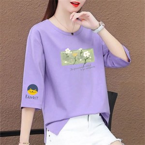 besteffie 티셔츠 여름 여성 라운드넥 꽃무늬 포인트 면티 빅사이즈 롱티셔츠 오버핏 빅사이즈 7부 티셔츠 E58