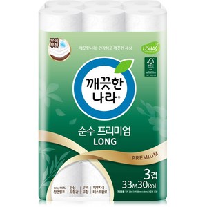 깨끗한나라 순수 프리미엄 화장지 천연펄프 고급롤화장지, 33m, 30개입, 2개