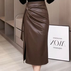 여성 겨울 셔링장식 벨티드 가죽 랩 스커트 미디 롱 레더 PU A라인 스커트 빅사이즈