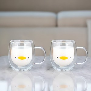 레토 오리 이중 내열 손잡이 유리컵 270ml, 투명, 2개
