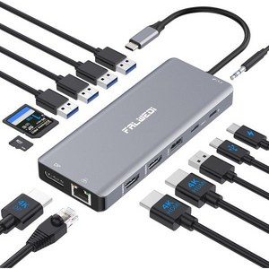 USB C 노트북 도킹 스테이션 듀얼 모니터 HDMI 2개 포함 14 in 1 허브 멀티포트 어댑터 동글 DisplayPot RJ45 SD/TF C/A 포트 PD Mic/Au, 14 IN 1_Gey, 1개