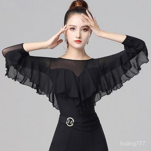 FANSYLI 여성 라틴 댄스복 모던 댄스 내셔널 모달 퍼포먼스 연습복 상의 X6M1w2, XL, 블랙E019