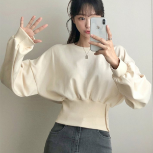 NewCae 여성 크롭 맨투맨 루즈핏 허리 밴딩 시보리 단추