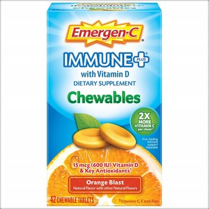 Emegen-C Immune Chewables 1000mg 비타민 C 비타민 D 정제 면역 지원 식이 보충제 블래스트 맛 - 멀티 오렌지 42개입 (1팩), 42정, 1개