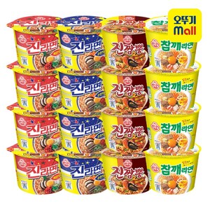 오뚜기 큰사발 라면 4종 ( 진라면 컵 순한맛 110g +진라면 컵 매운맛 110g +진짬뽕 컵 115g+참깨라면 컵 110g) 각 4개씩, 1세트