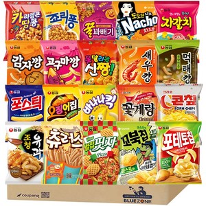 [블루존] 정량 인기스낵 22종 (새우깡+감깡+고깡+자갈치+포스틱+오집+바나킥+나초+포카칩+스윙칩+꼬북칩+꽃게랑+콘칲+신짱+죠리퐁+카땅+꿀꽈+조청유과+먹태깡+츄러스+포테토+벌집), 22개, 90g