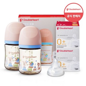 더블하트 모유실감3세대 젖병 트윈팩+젖꼭지2입+물티슈, 1개, 160ml, 애니멀타운(SS 2입)